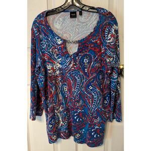 Rafaella 1X Blue Red Paisley Top 3/4 Sleeve Cotton Knit Shirt Tunic Keyhole Neck